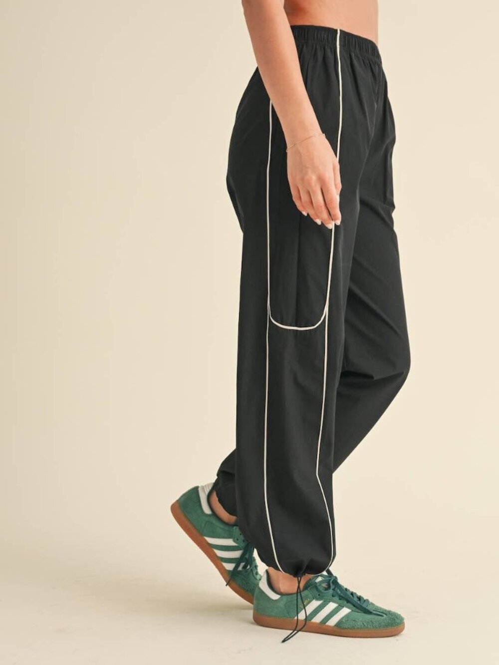 Black Nylon Track Pants with Contrast Piping